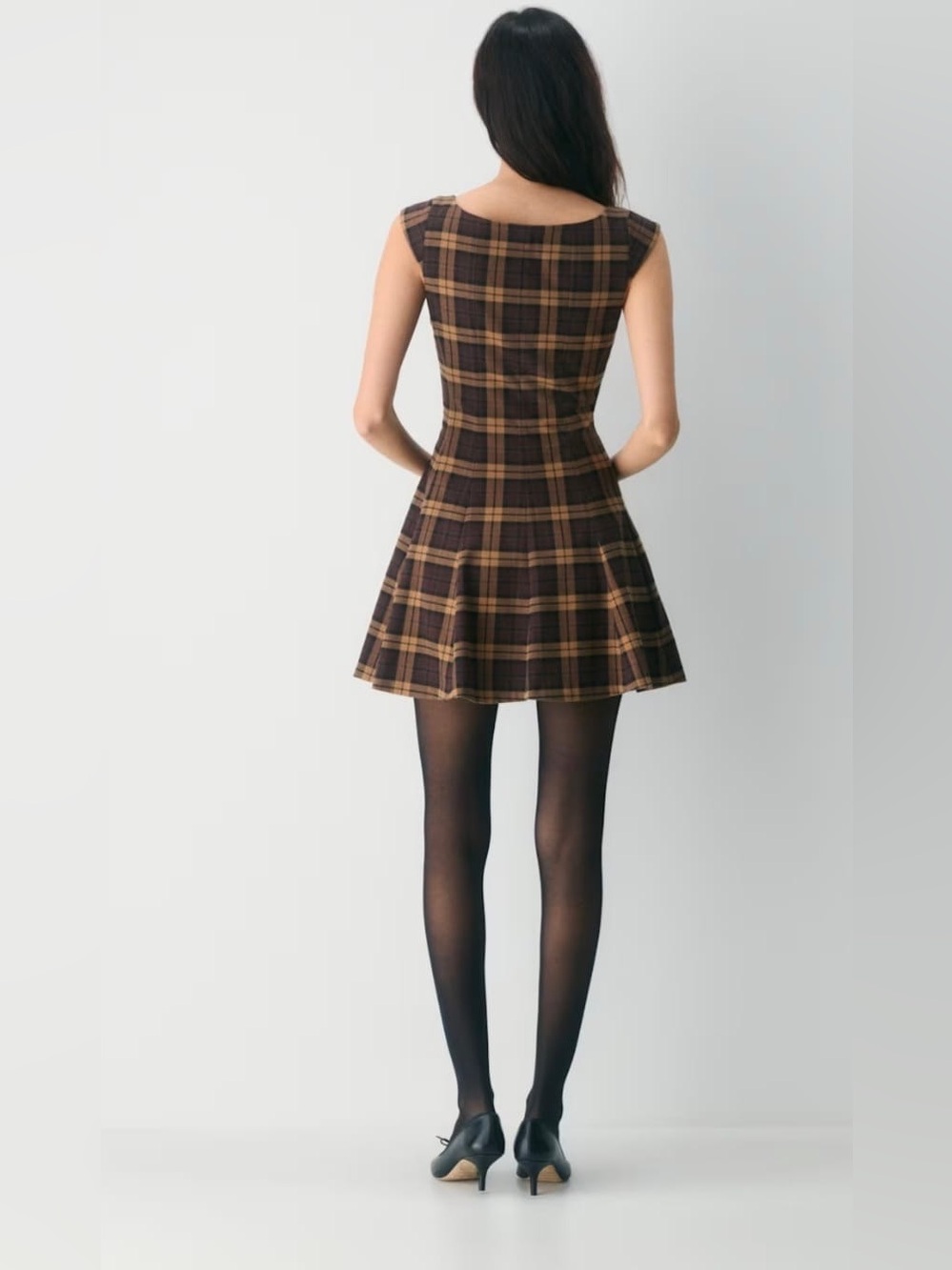 Aritzia Brown Plaid Sleeveless Fit-and-Flare Mini Dress - Picture 3 of 7
